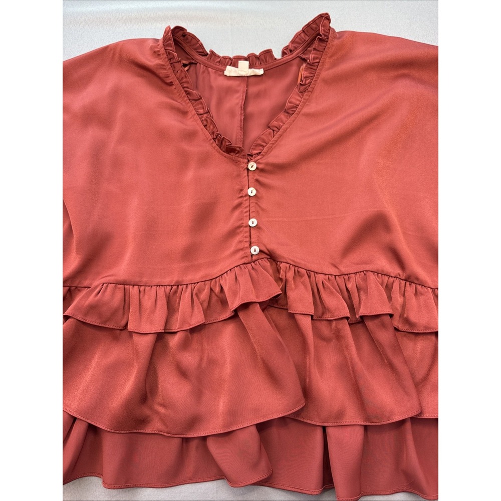 Entro Women's‎ Blouse Rust Bubble Ruffle Hem 3/4 Balloon Sleeve Cropped Size M
